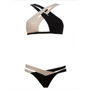 Color Block Enticing V-Neck Hollow Out Two-Pieces Swimwear For Women